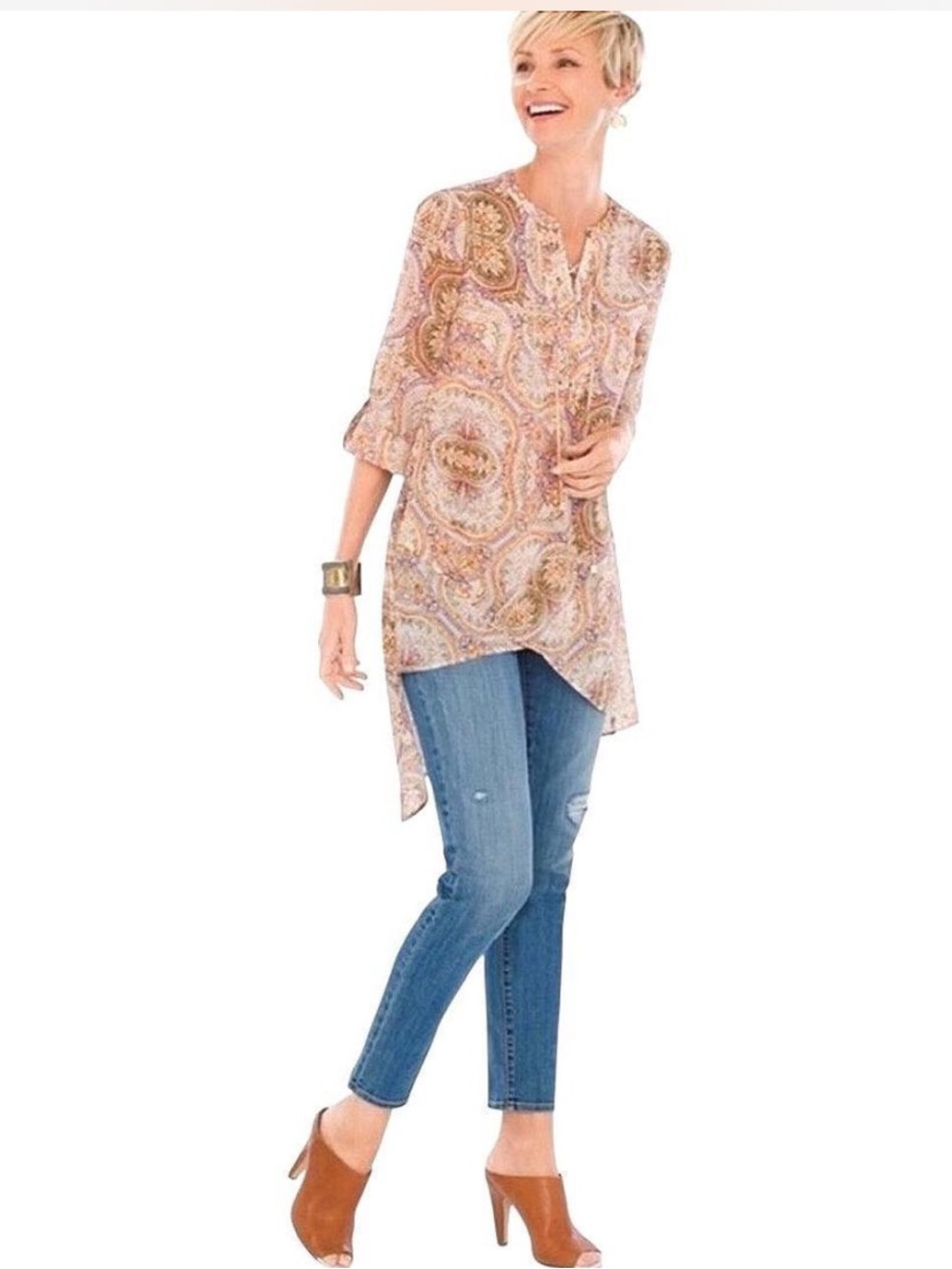 Chico's Ivory Gold Brown Paisley High-Low Tunic with Lace Up Front